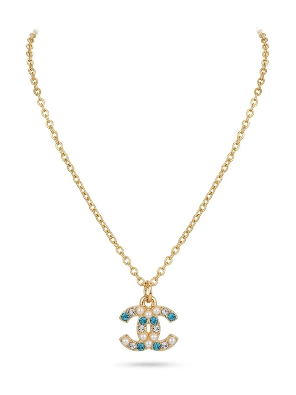 Gold Chain Necklace with Blue and Clear Gemstone Pendant